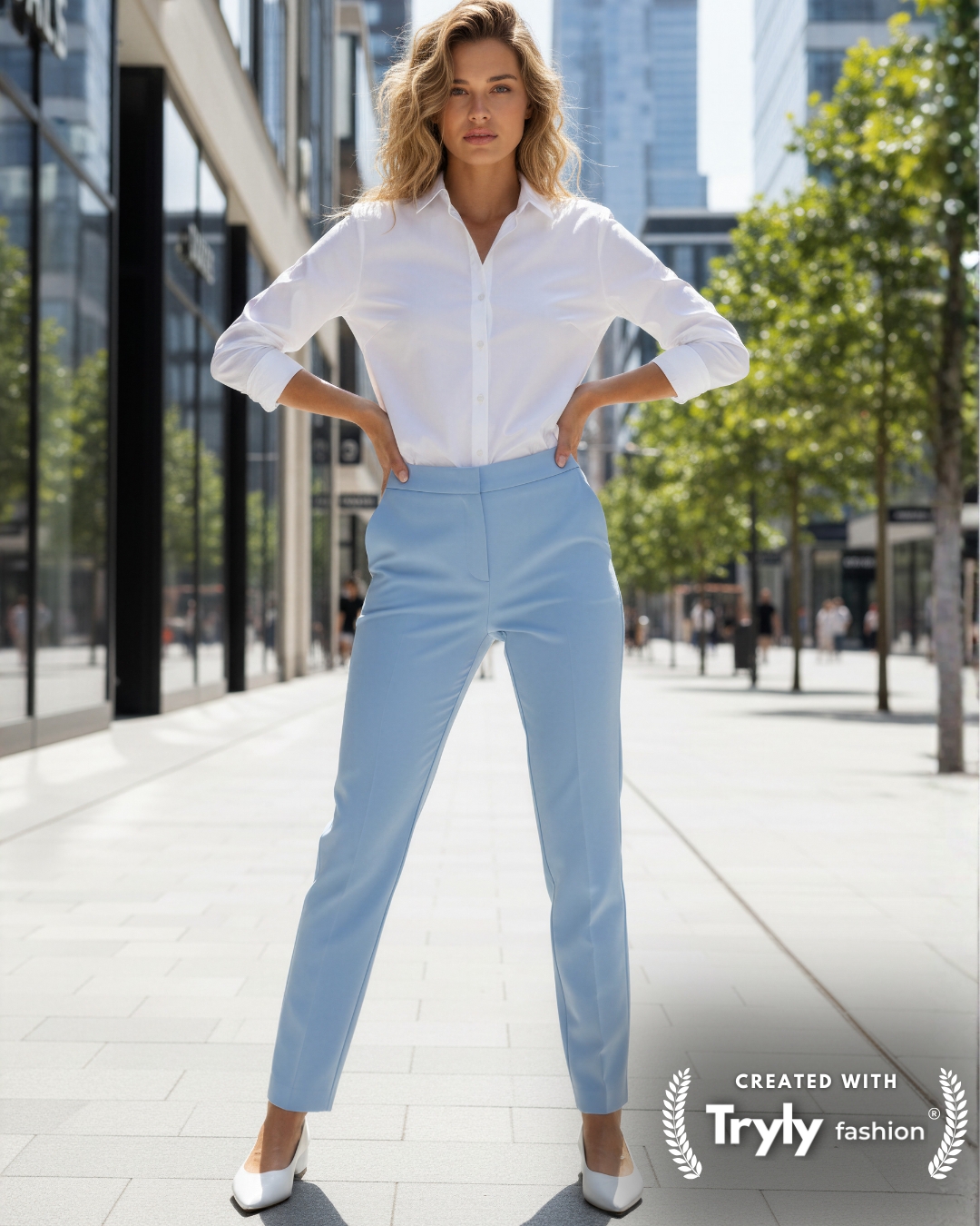 A model in light-blue tailored trousers and a white shirt on a city street, made with Tryly